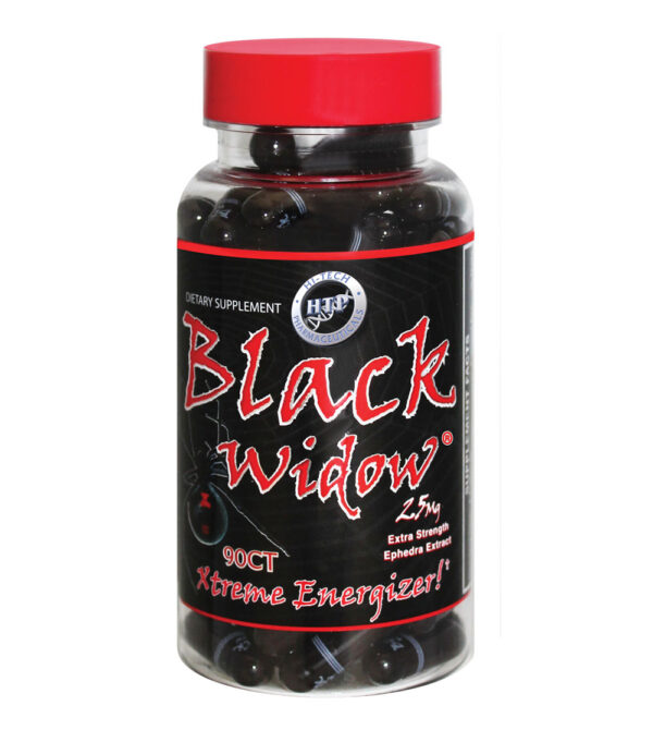Black Widow supplement bottle with 90 black capsules