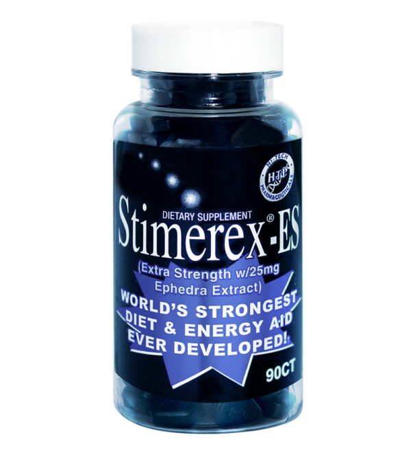 Bottle of Stimerex ES black tablets from Hi-Tech Pharma
