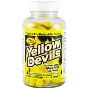 Bottle of Yellow Devils weight loss pills with 100 capsules