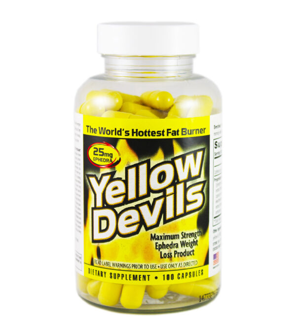 Bottle of Yellow Devils weight loss pills with 100 capsules